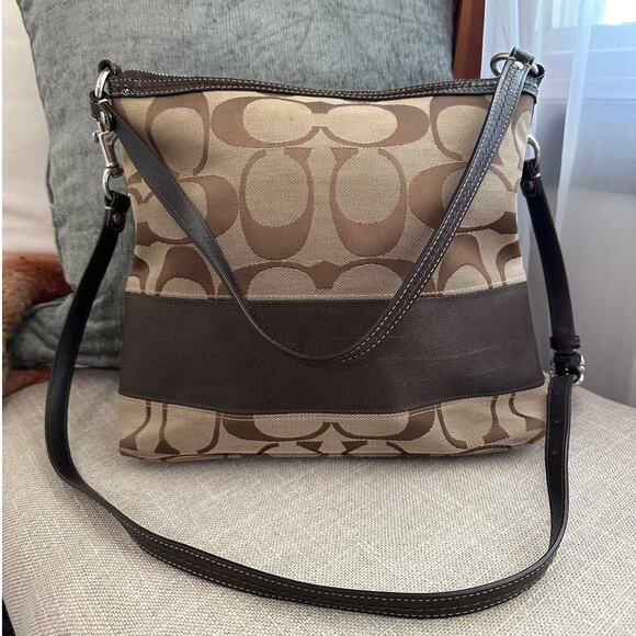 COACH Signature 2 Way‎ Shoulder Crossbody Bag Canvas Leather F13674 Brown - Picture 1 of 12